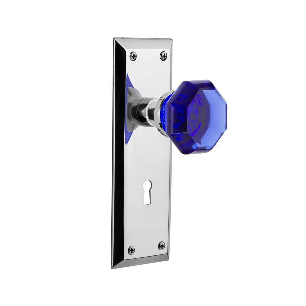Nostalgic Warehouse NYKWAC Colored Crystal New York Plate with Keyhole Single Dummy Waldorf Cobalt Door Knob in Bright Chrome